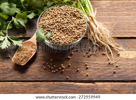 Coriander Leaves And Seeds in jars and on wood