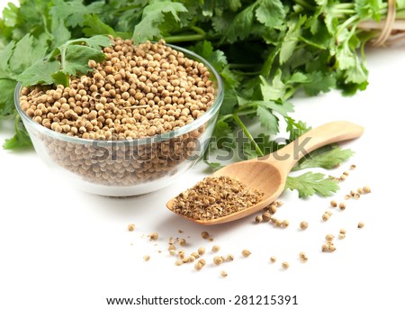 Coriander Leaves And Seeds in jars and on white