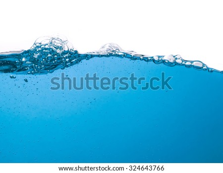Water wave transparent surface with bubbles over white background