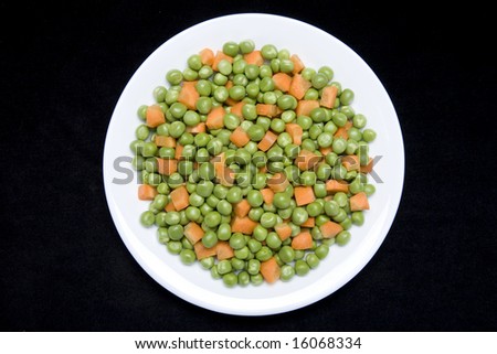 A closeup of a plate with mixed carrots, corn and peas