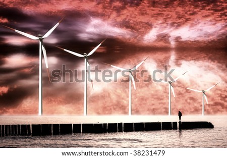 Wind turbines farm in sea