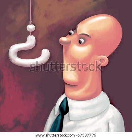 Surprised Businessman with a silly Face Expression is looking at the question mark hanging upside down in fron of his eyes