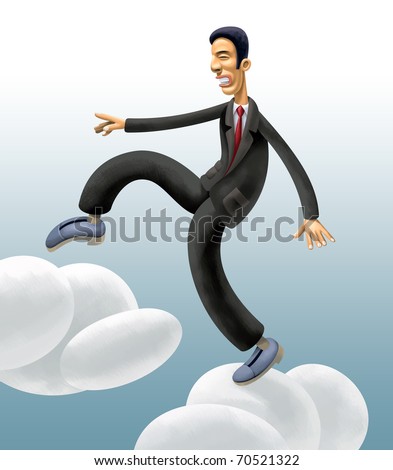 Businessman Walking Clouds. Cautiously 