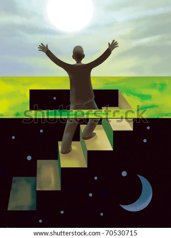 Businessman is climbing stairs from the Night into the Day