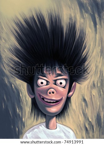 Crazy weird guy with wild hairstyle posing. Looking at you with widely opened round eyes and queer smile
