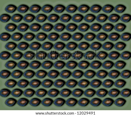 Repeating pattern of similar eye shapes on a sage green background.