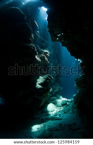 Light beams down into a crevice in a coral reef in Grand Cayman.  Cayman and many other islands have reefs riddled with caves, caverns, and canyons.