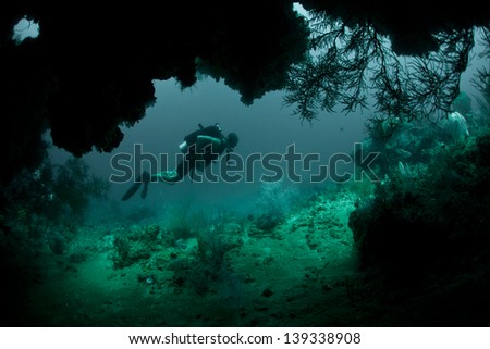 A diver explores the mouth of a deep cave in Raja Ampat, Indonesia.  This area is known for its high marine diversity and great scuba diving.