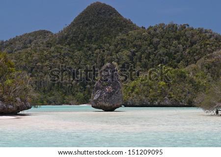 Idyllic limestone islands have been eroded by physical, chemical, and biological forces into mushroom-like shapes in Raja Ampat, Indonesia.  This region is known for its high marine diversity.