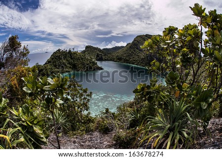 A remote and isolated lagoon is enclosed by rugged limestone islands near the island of Misool in Raja Ampat, Indonesia. This region harbors high marine biological diversity.