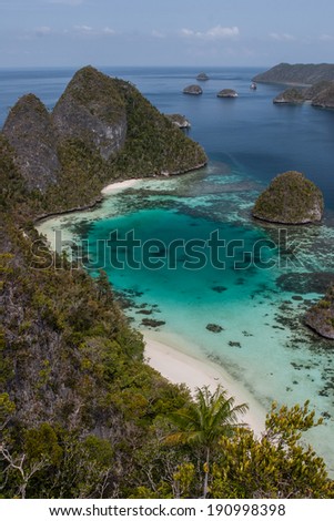 Rugged limestone islands protect a remote lagoon in Raja Ampat, Indonesia. These islands, called Wayag, are ancient coral reefs that were uplifted millions of years ago during seismic events.