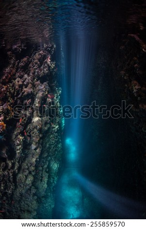 Sunbeams descend into a dark, underwater grotto in the Solomon Islands.
