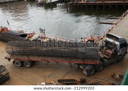 Steel reinforcement of pile foundation under-construction for river crossing bridge