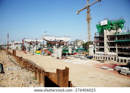 NONTHABURI - THAILAND - APRIL 19 : Elevated highway and it\'s support structure under-construction on Apr 19, 2015 in Nonthaburi province Thailand.