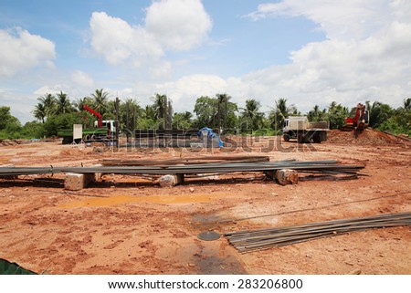 MAY 27, 2015 : NAKHON SI THAMMARAT, THAILAND. Landscape of switchgear and it structure under-construction to receive electric power supply from wind turbine project in southern region of Thailand.
