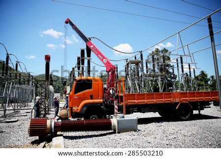 MAY 28, 2015 : KHANORM, THAILAND. Outdoor switchgear of Khanorm switchgear under maintenance of it equipment, southern region of Thailand.