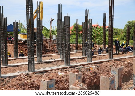 MAY 27, 2015 : NAKHON SI THAMMARAT, THAILAND. Landscape of switchgear and it structure under-construction to receive electric power supply from wind turbine project in southern region of Thailand.