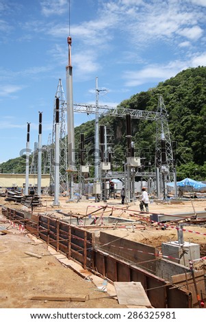 MAY 28, 2015 : KHANORM, THAILAND. Outdoor switchgear of Khanorm power plant under installation of it equipment, southern region of Thailand.