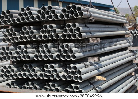 Galvanized steel pipes bundle in factory.