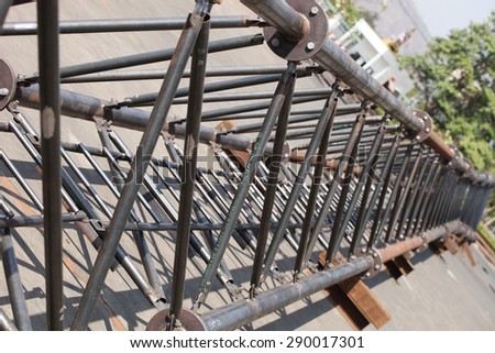 Communication steel piping tower prototype and its assemblies in factory.