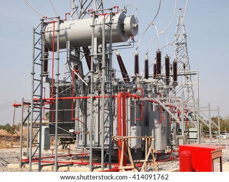 High voltage transformer with fire protection system in outdoor switchgear.