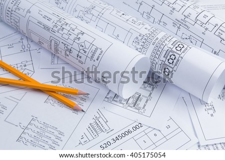 Science, technology and electronics. Electrical engineering drawings printing with pencil. Scientific development.