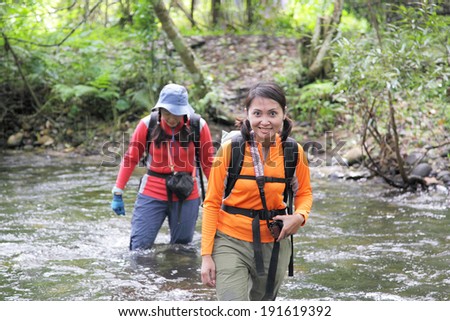 People hiking - happy hiker couple trekking as part of healthy lifestyle outdoors activity.Traveler tourist walking and taking photo in National Park.