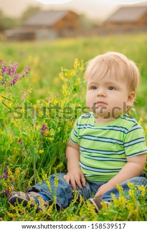 funny brown-eyed boy sitting in a field of flowers on the background of the house