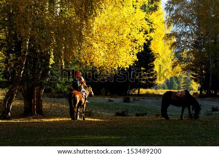a man riding a horse in romantic forest