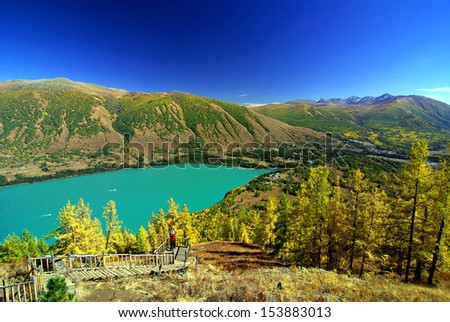 mountain landscape with big lake at kanas lake, xin jiang, china