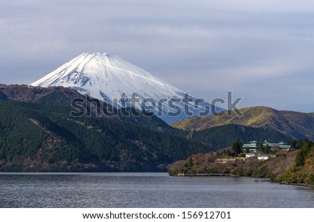 sight seeing from big ship on Hakone Lake with Fuji mountain background, Japan
