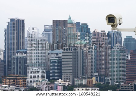 Security camera monitoring the traffic movement on top view of cityscape. Skyscraper rooftop.