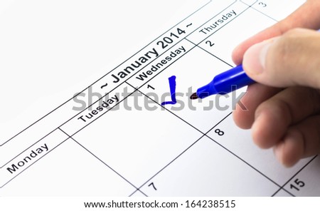 Blue Check. Mark On The Calendar At 1st January 2014