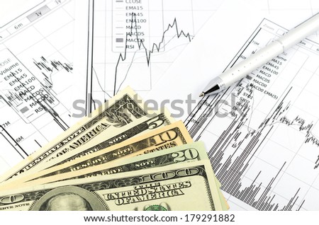 stock graph report with pen and usd money for business