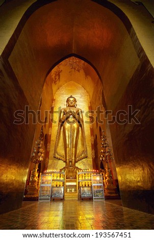 BAGAN, MYANMAR - JAN 5: One of the standing buddha inside of the Ananda temple adorned by believers by sticking golden leaves on statue on JAN 5, 2011 in Bagan, Myanmar.