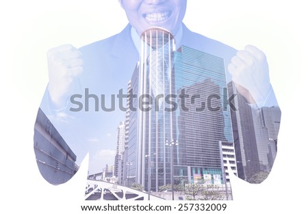 Double exposure of businessman with cityscape, Modern glass Business building