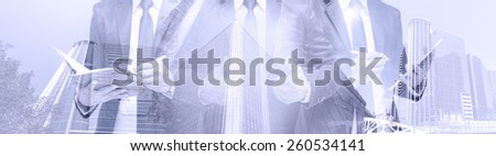 Double exposure of businessman with cityscape, Modern glass Business building