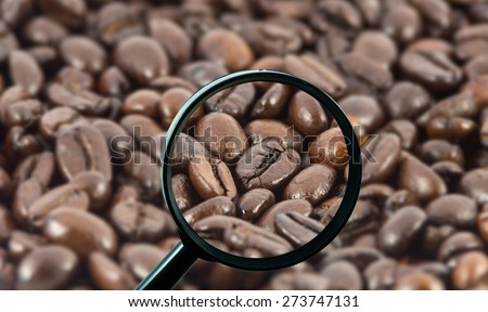 magnifying glass with background of roasted coffee beans, food and drink with business concept
