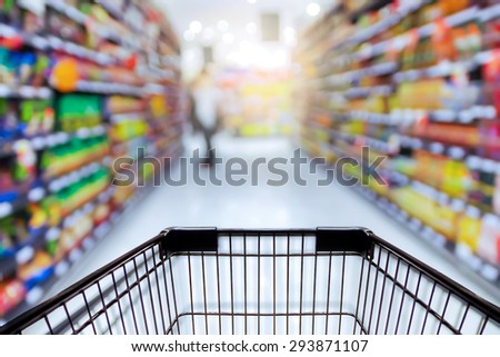 Abstract blurred photo of store with trolley in department store bokeh background