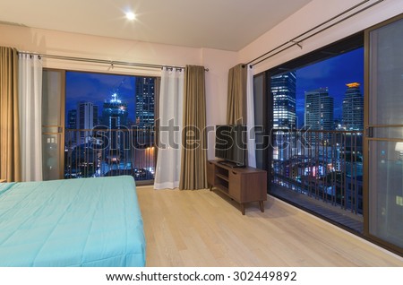 Luxury Interior bedroom with blue sky at twilight time