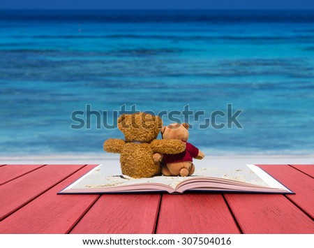 Open book image of two teddy bear brown color sitting on the beautiful beach with blue sea and sky