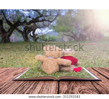 Open book image of Two TEDDY BEAR brown color sitting on grass under the tree with sun ray