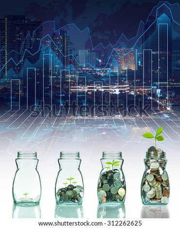 Mix coins and seed in clear bottle with business trading graph background,Business investment growth concept