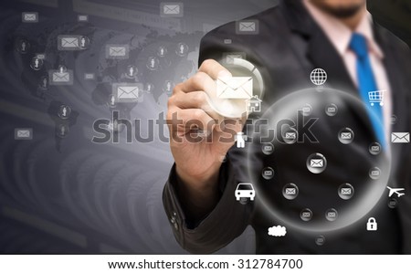 Businessman writing the mail with world map, people logo and network cable connected to switch hub background, Elements of this image furnished by NASA