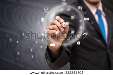 Businessman writing the mail with world map, people logo and network cable connected to switch hub background, Elements of this image furnished by NASA