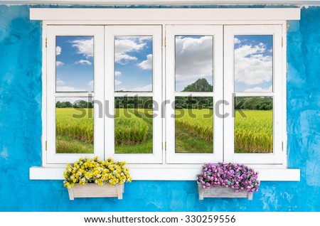 Beautiful Flowers Outside a Window with Rice field with mountain background under blue sky with cloud