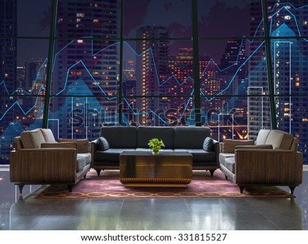 Lobby area of a hotel which can see Trading graph on the cityscape at night and world map background,Business financial concept