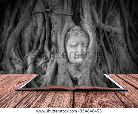 conceptual book image of Head of sand stone buddha in a tree at Wat Mahathat, Ayutthaya, Thailand, public temple