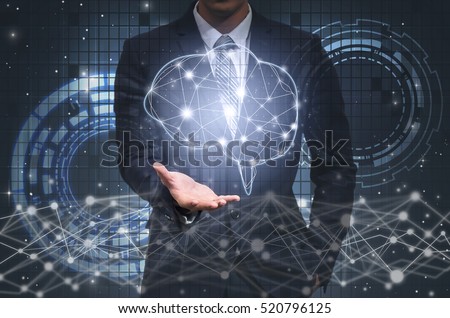 Businessman hand holding the brain over the Innovation Technology background, technology and innovation concept