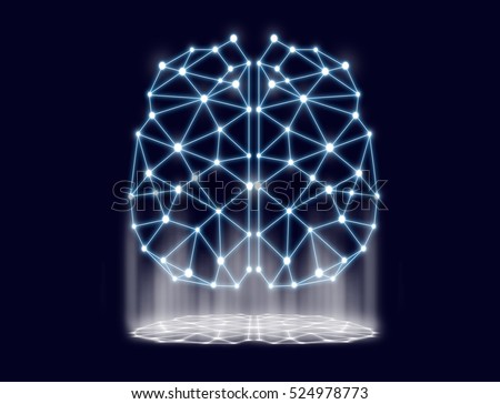 polygonal brain shape of an artificial intelligence with lines and dots and shadow over the dark blue background, business technology and network connections concept